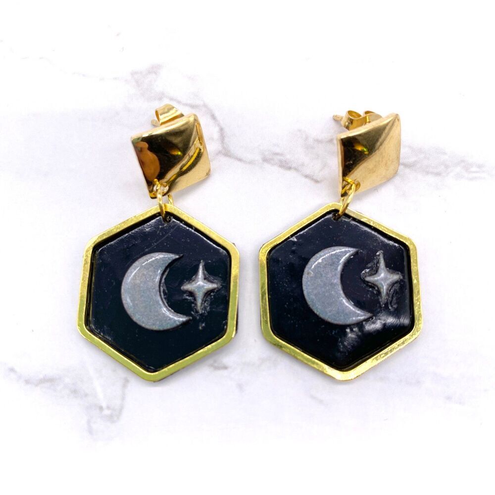 Black Holographic Celestial Crescent Moon Dangle Stud Earrings - Picture 8 of 15